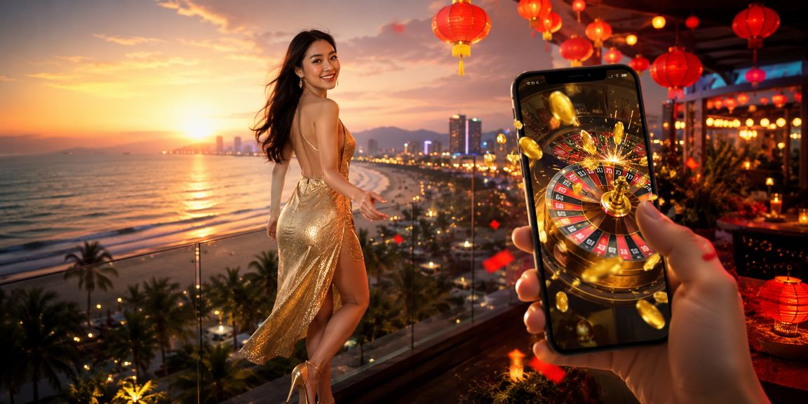 Người chơi sử dụng điện thoại di động trải nghiệm casino trực tuyến trên bãi biển Đà Nẵng buổi chiều tà